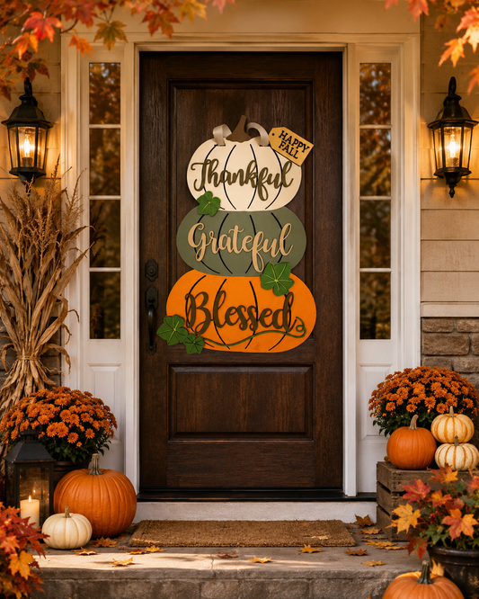 Thankful, Grateful, Blessed Thanksgiving Pumpkin Door Hanger Sign