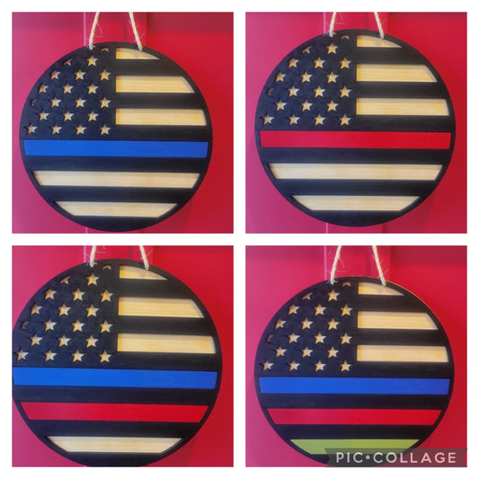 Support Our Heroes: 3D Wood Door Sign – Police, Fire, Military Tribute Wreath