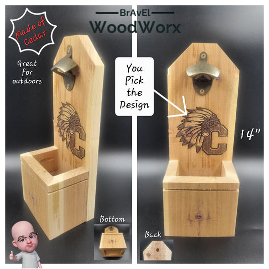 Custom Cedar Creations: Handcrafted Wall Mounted Bottle Opener – Your Design, Your Style!