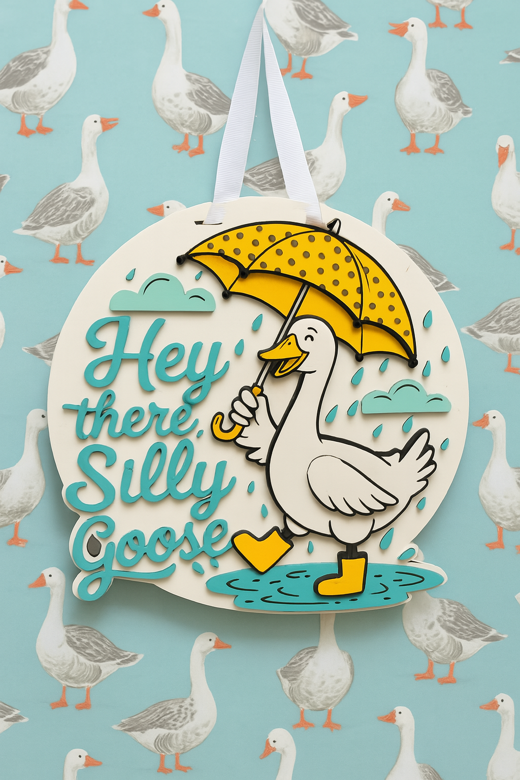 Fun seasonal welcome sign featuring Hey There Silly Goose text for porch or entryway