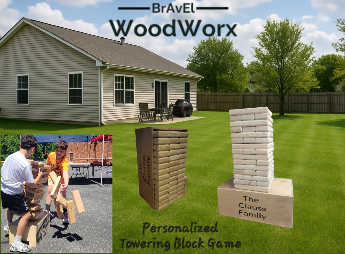 BraveL WoodWorx personalized tower block game with family name on grassy lawn