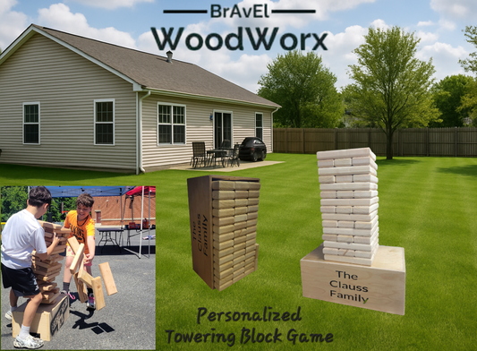 BraveL WoodWorx personalized tower block game with family name on grassy lawn