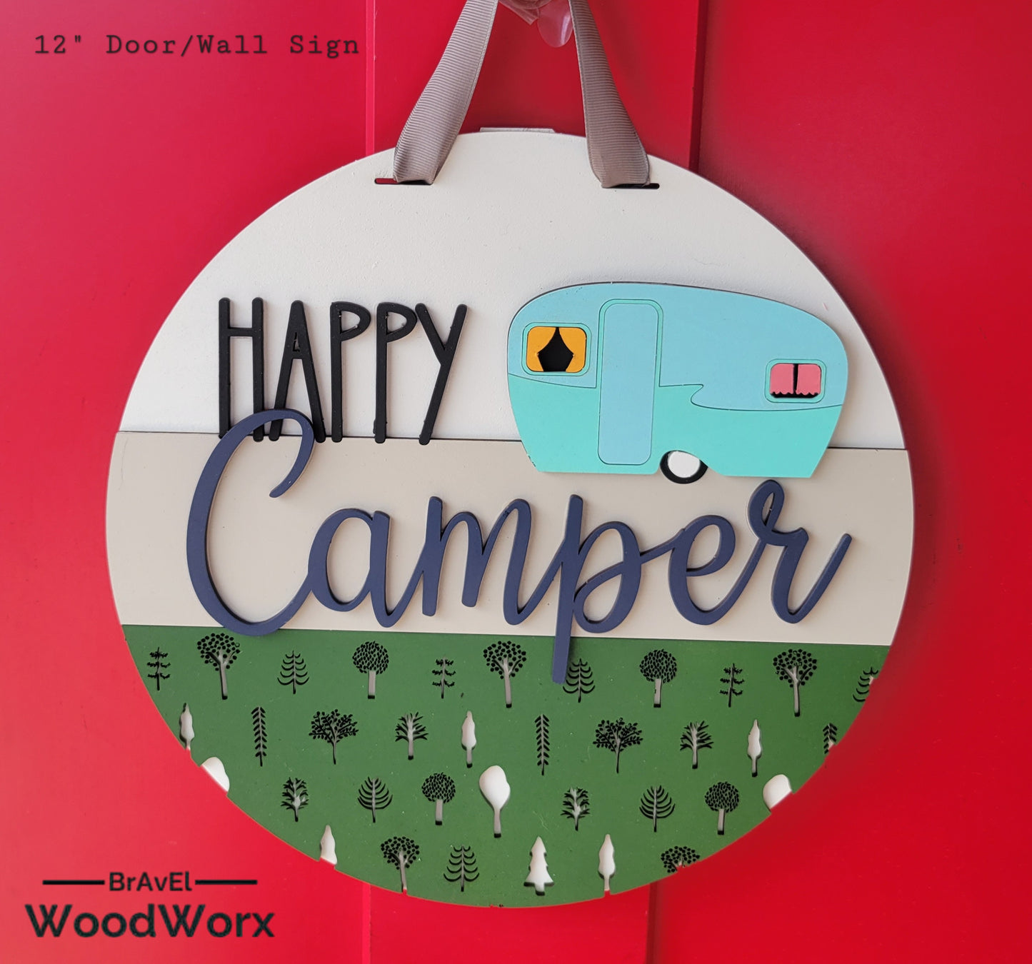 Handmade 'Happy Camper' wall door sign displayed on a post, featuring a charming rustic design with vibrant colors, a playful camper graphic, and personalized text. Perfect for adding a cozy, outdoor-inspired touch to any space. Medium