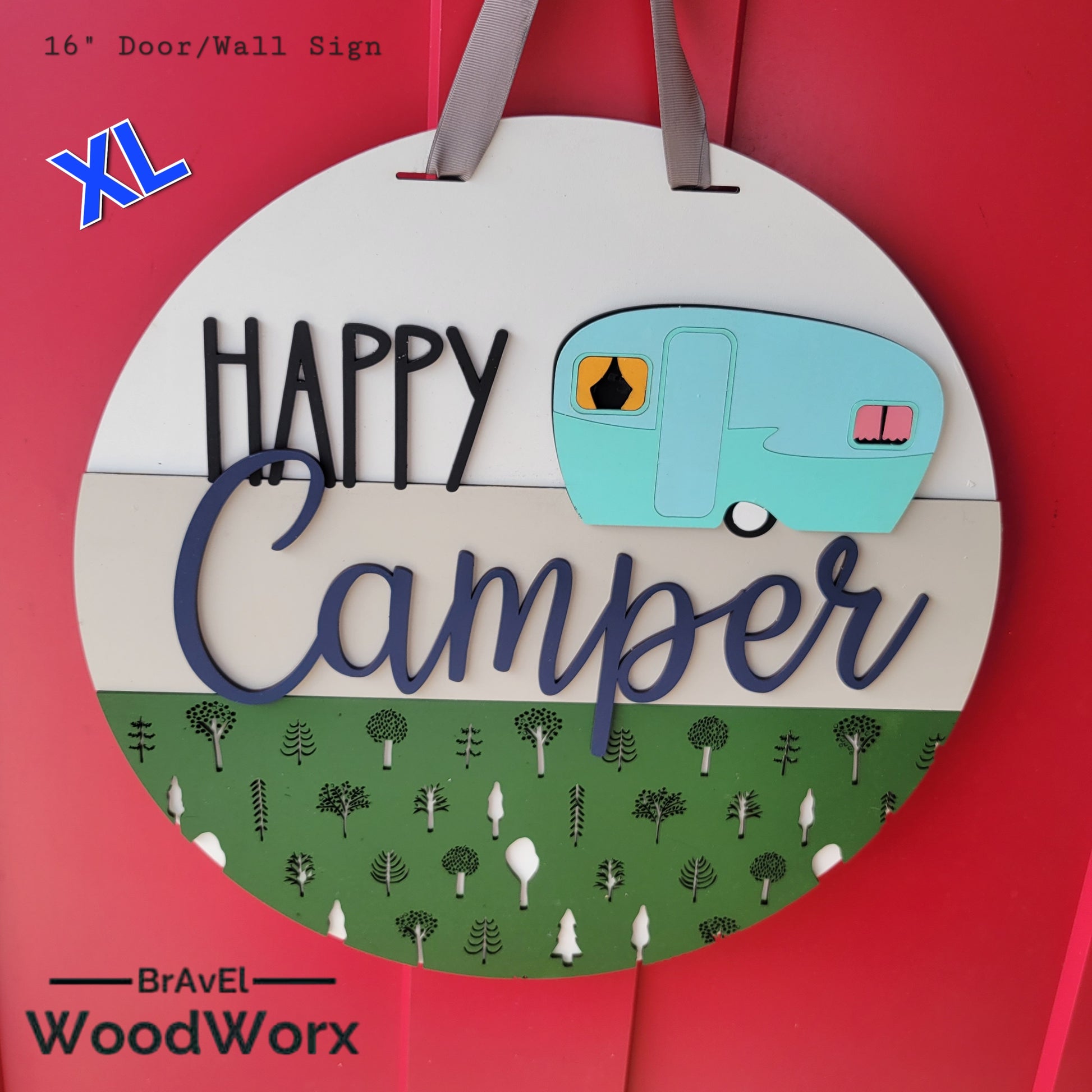 Handmade 'Happy Camper' wall door sign displayed on a post, featuring a charming rustic design with vibrant colors, a playful camper graphic, and personalized text. Perfect for adding a cozy, outdoor-inspired touch to any space. XL