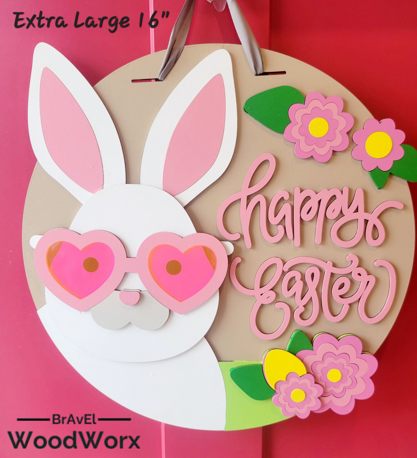 Happy Easter Bunny Door Hanger with Acrylic Sunglasses – Festive Spring Decor. Adorable wooden Easter bunny sign featuring stylish acrylic sunglasses, perfect for adding a fun and cheerful touch to your front door or home decor. Ideal for springtime decorations, Easter celebrations, and seasonal gifts. Handmade and high-quality, this cute bunny hanger enhances your holiday spirit. Great for indoor and outdoor use. Door Mount