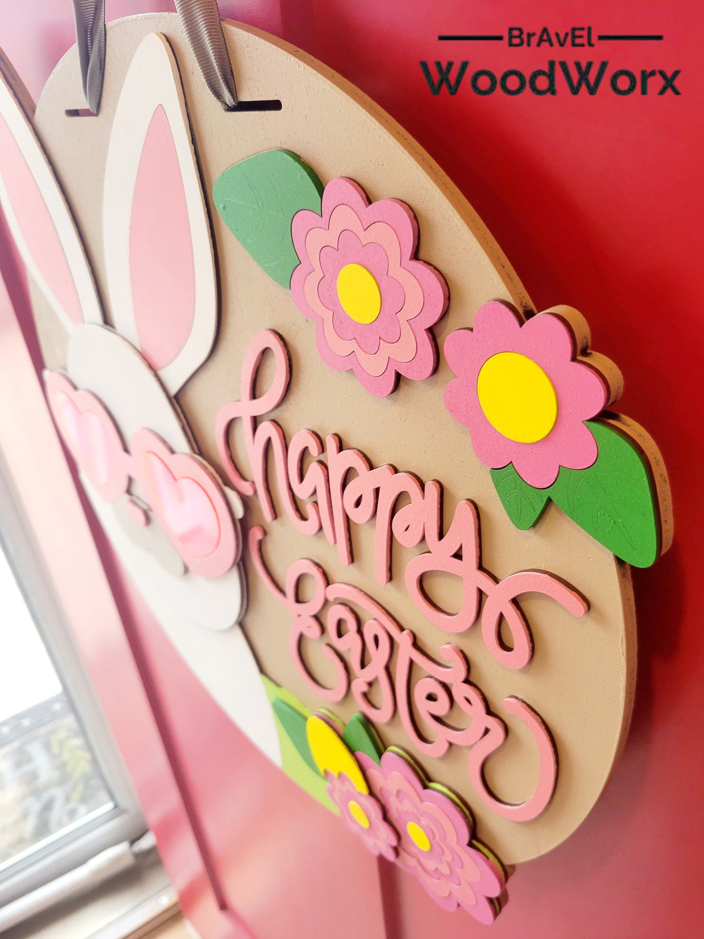 Happy Easter Bunny Door Hanger with Acrylic Sunglasses – Festive Spring Decor. Adorable wooden Easter bunny sign featuring stylish acrylic sunglasses, perfect for adding a fun and cheerful touch to your front door or home decor. Ideal for springtime decorations, Easter celebrations, and seasonal gifts. Handmade and high-quality, this cute bunny hanger enhances your holiday spirit. Great for indoor and outdoor use. Right Side
