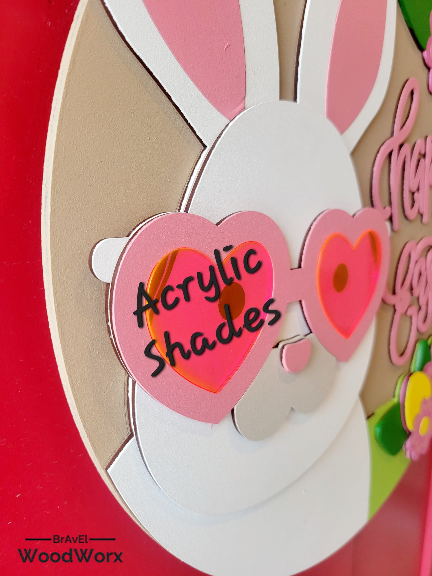 Happy Easter Bunny Door Hanger with Acrylic Sunglasses – Festive Spring Decor. Adorable wooden Easter bunny sign featuring stylish acrylic sunglasses, perfect for adding a fun and cheerful touch to your front door or home decor. Ideal for springtime decorations, Easter celebrations, and seasonal gifts. Handmade and high-quality, this cute bunny hanger enhances your holiday spirit. Great for indoor and outdoor use. Side View