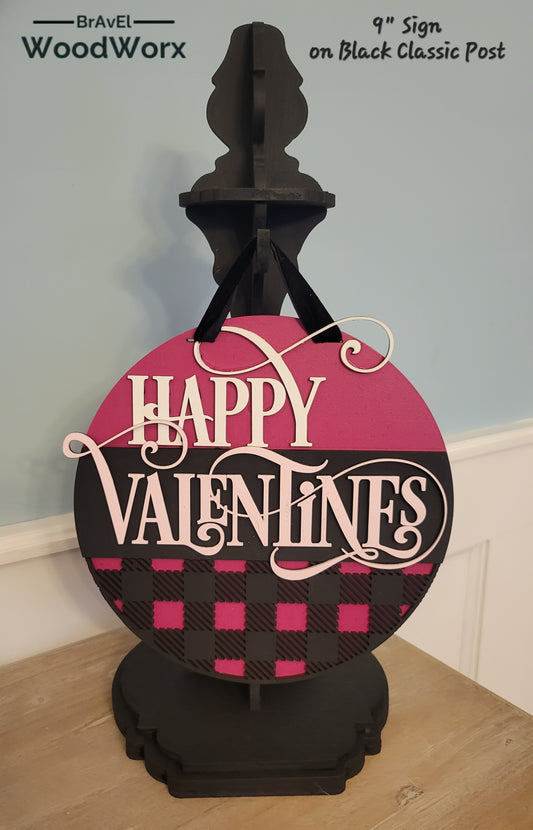 An image featuring the 'Heartfelt Plaid: Fuchsia Valentine Sign' designed for the Festive Charm Shelf Post Stand. The sign showcases a vibrant fuchsia plaid pattern with heartfelt Valentine-themed accents, adding a festive and romantic touch to your shelf or tabletop decor. Black Front