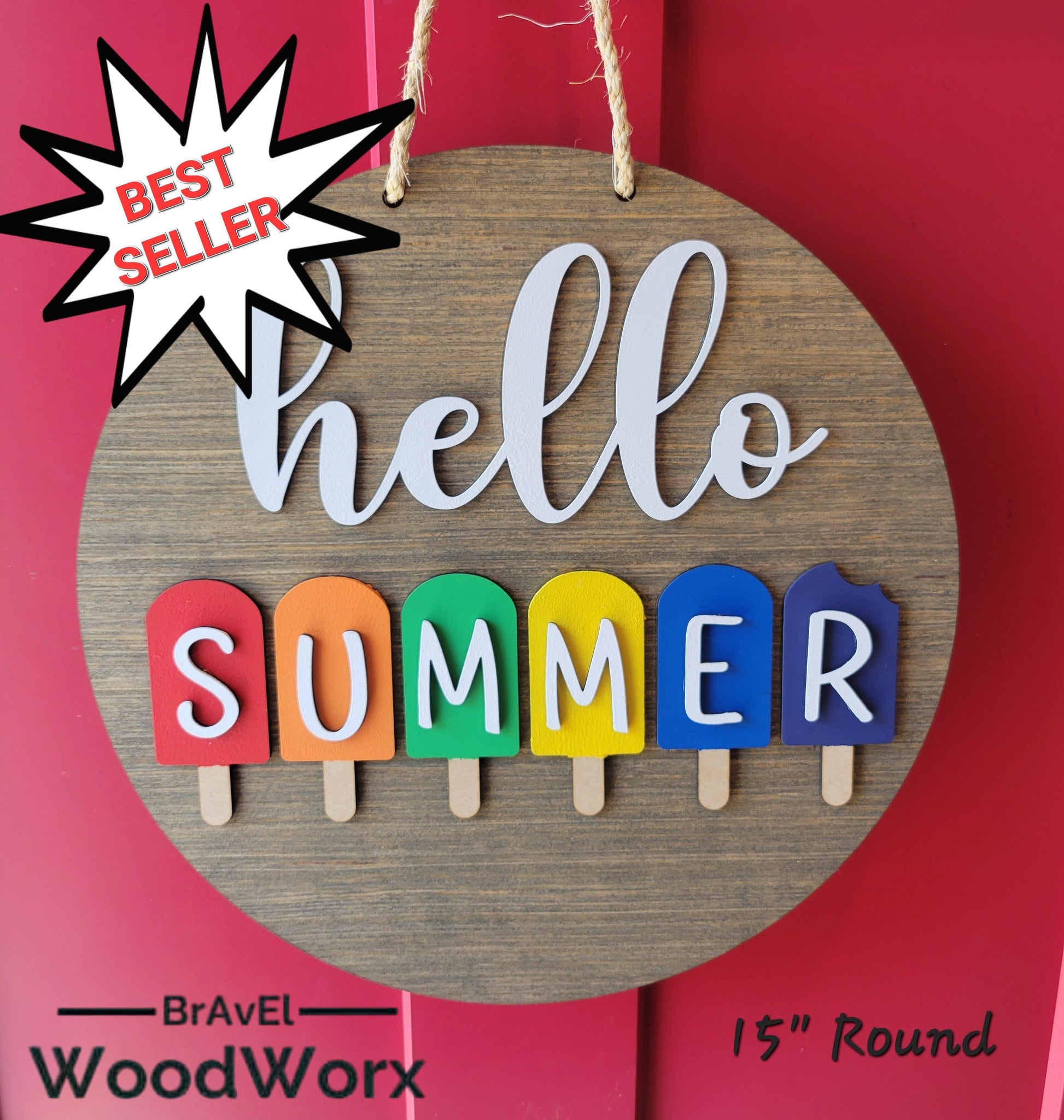 Hello Summer - Door / Wall Sign Wreath - Farmhouse - 3D Laser Cut Wood Sign