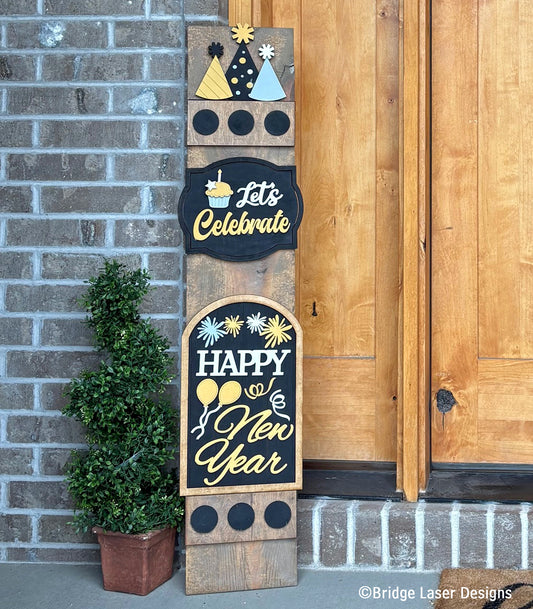 New Years Interchangeable Porch Leaner – Custom Wooden Front Porch Sign with Swappable Holiday & Everyday Designs