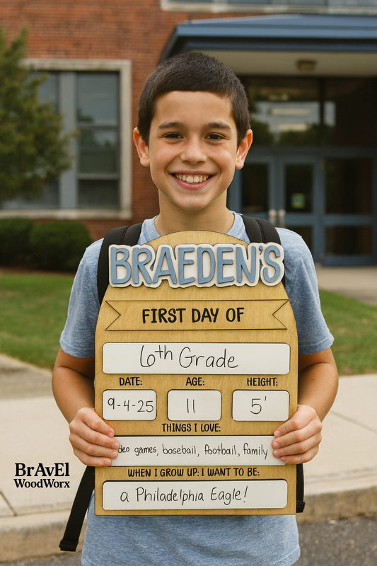 Child holding a 'First Day of School' sign in front of a school building