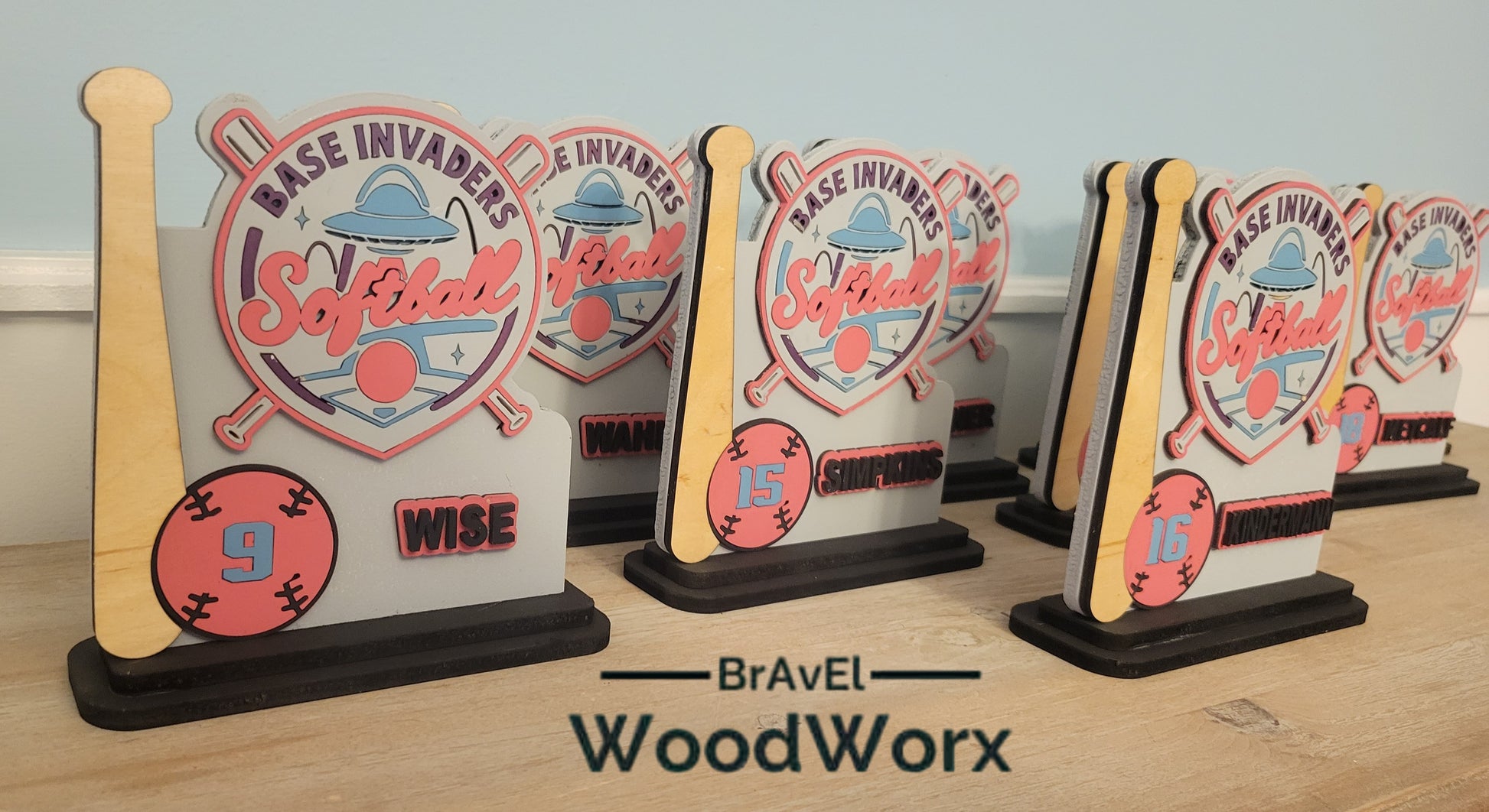 Personalized softball team award gift with engraved plaque and bat detail