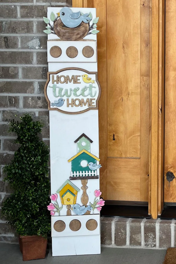 Interchangeable Spring Porch Leaner – “Home Tweet Home” Birdhouse & Nest Design | Rustic Handmade Front Porch Sign | Seasonal Insert