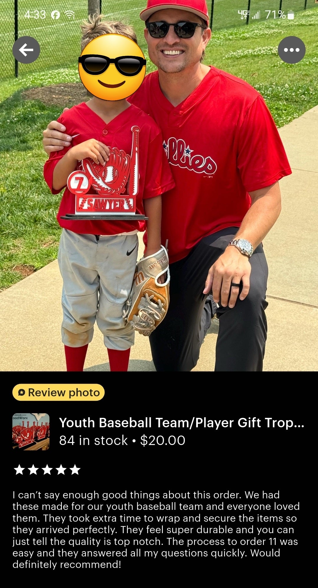 Youth Baseball Team/Player Gift Trophy Memorabilia - Base