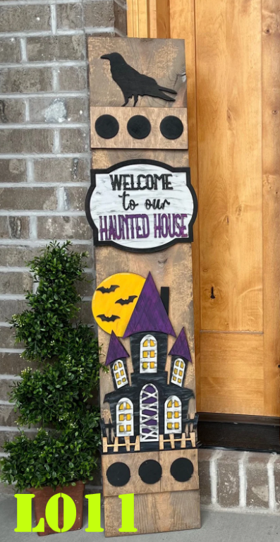 Decorative Halloween sign with a haunted house design, crow, and text on a wooden board.