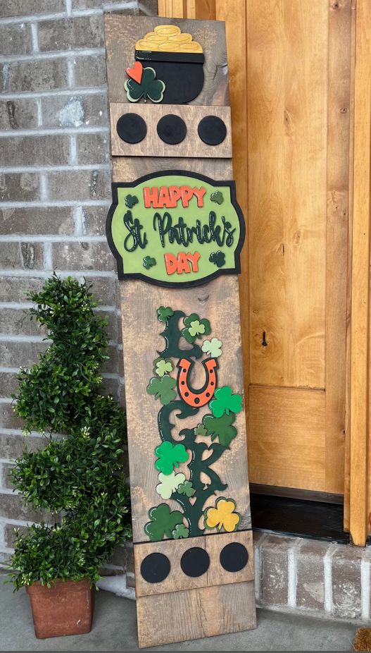 St Patrick's Day Interchangeable Porch Leaner – Custom Wooden Front Porch Sign with Swappable Holiday & Everyday Designs