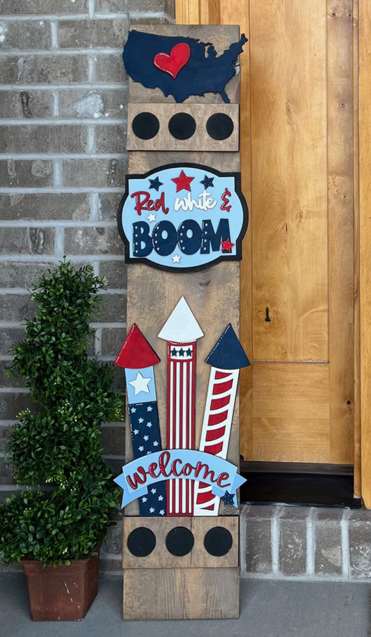Patriotic Interchangeable Porch Leaner – Custom Wooden Front Porch Sign with Swappable Holiday & Everyday Designs