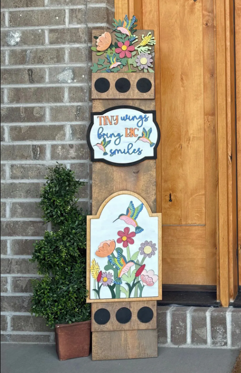 Hummingbird Interchangeable Porch Leaner – Custom Wooden Front Porch Sign with Swappable Holiday & Everyday Designs