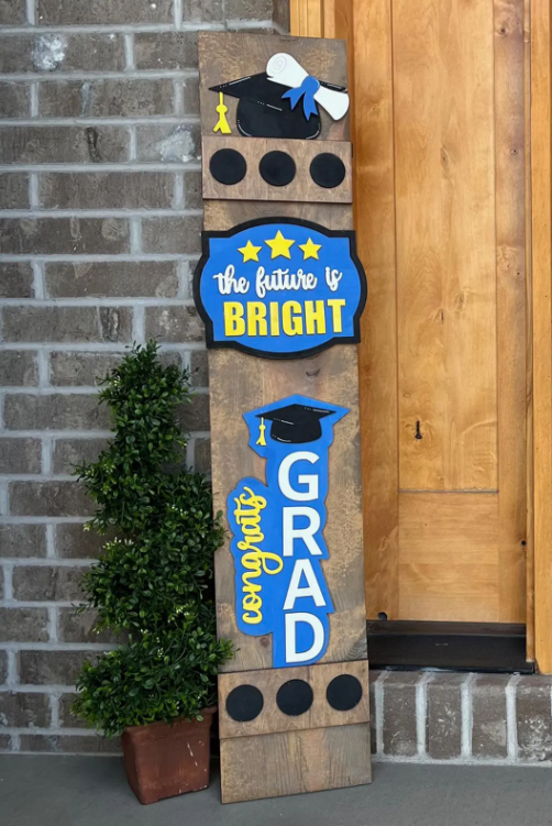 Congratulations Graduate Graduation Interchangeable Porch Leaner – Custom Wooden Front Porch Sign with Swappable Holiday & Everyday Designs