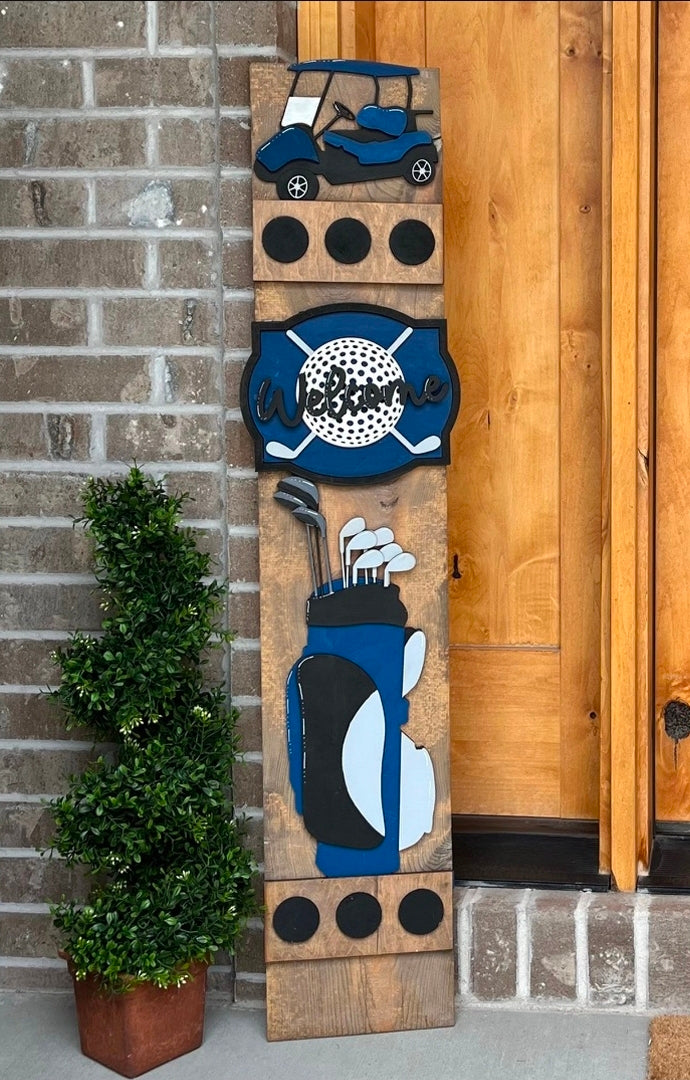 Golfing Golf Cart Interchangeable Porch Leaner – Custom Wooden Front Porch Sign with Swappable Holiday & Everyday Designs