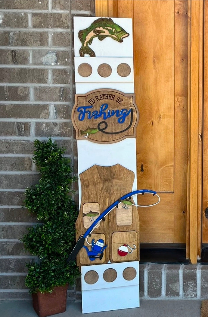 Rather be Fishing Interchangeable Porch Leaner – Custom Wooden Front Porch Sign with Swappable Holiday & Everyday Designs