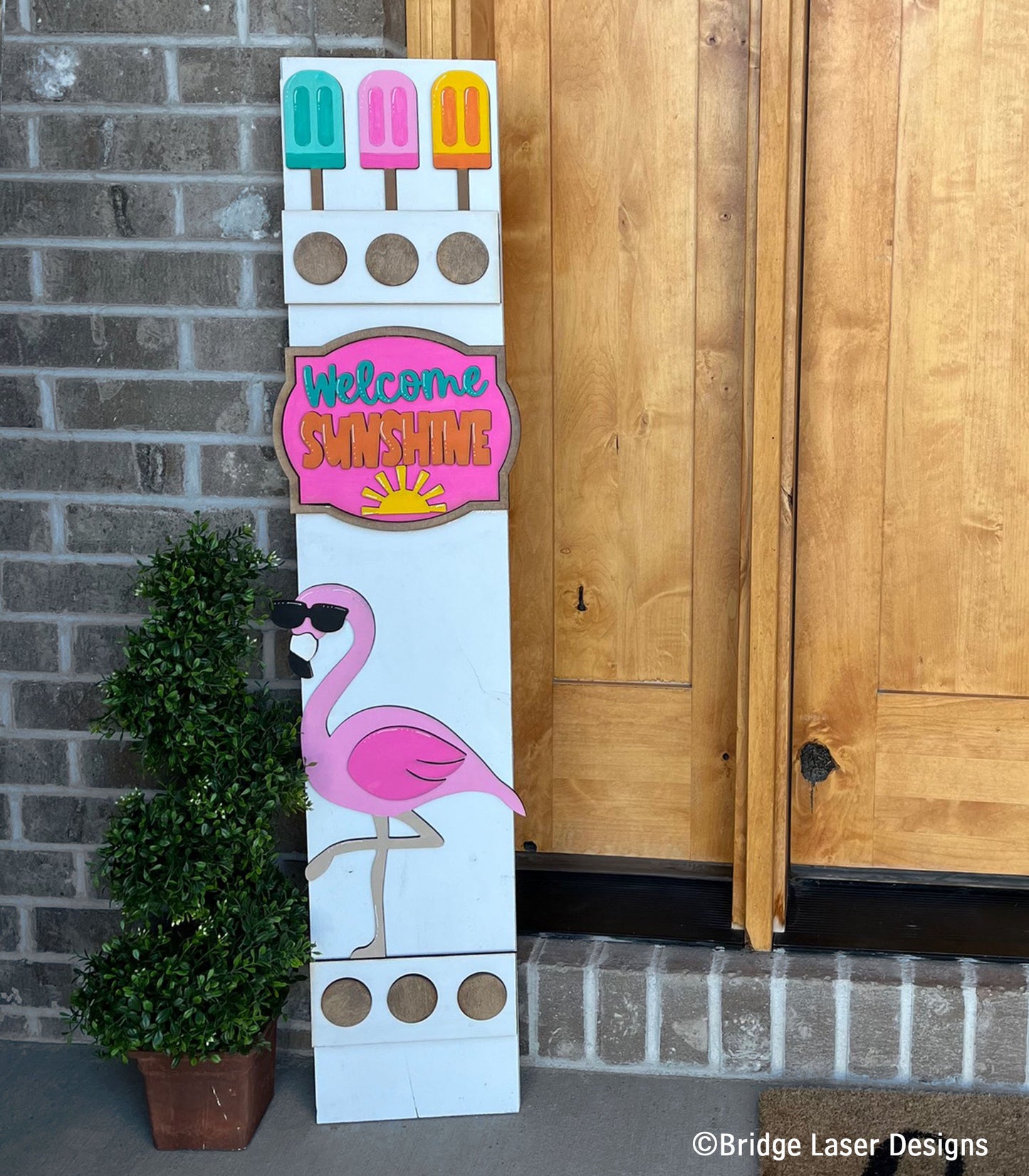 Summer Flamingo Interchangeable Porch Leaner – Custom Wooden Front Porch Sign with Swappable Holiday & Everyday Designs