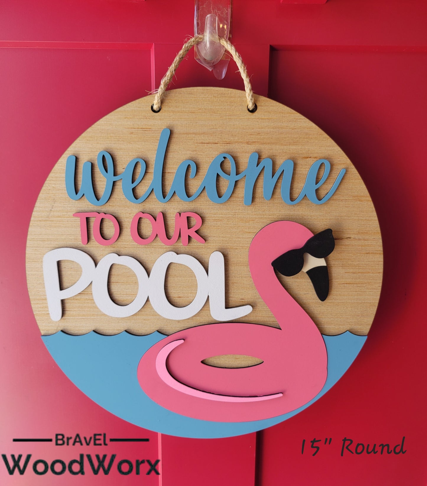 Welcome to Our Swimming Pool Door / Wall Sign Wreath - Farmhouse - 3D Laser Cut Wood Sign