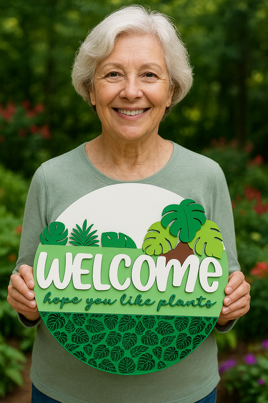 Welcome Plant Lovers door hanger with 3D laser cut tropical leaf design for indoor and outdoor use