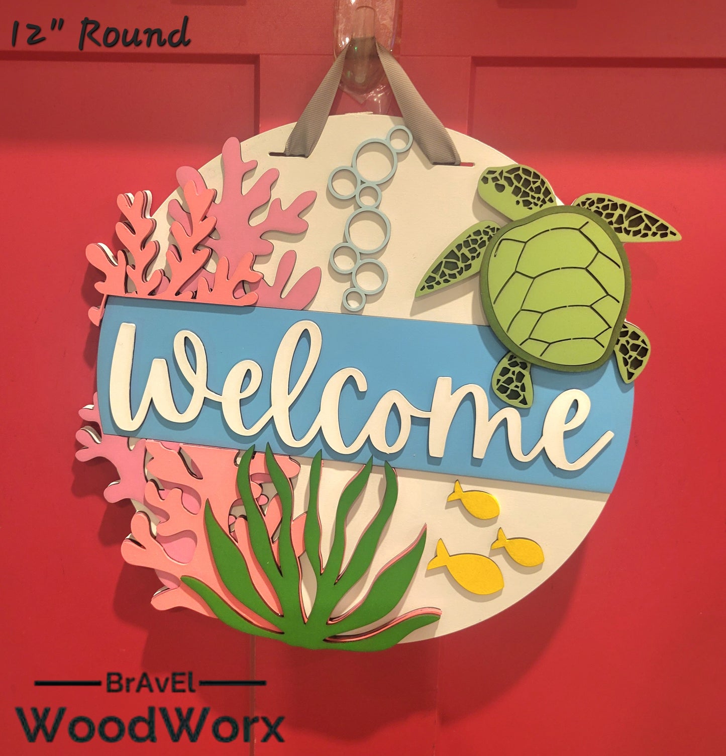 Welcome Sea Turtle Sign: A beautifully crafted wooden sign featuring a laser-engraved sea turtle design with the word 'Welcome' elegantly displayed. The sign has a coastal theme with soothing colors, perfect for beach houses, marine enthusiasts, or as a welcoming decorative piece for any space. Medium