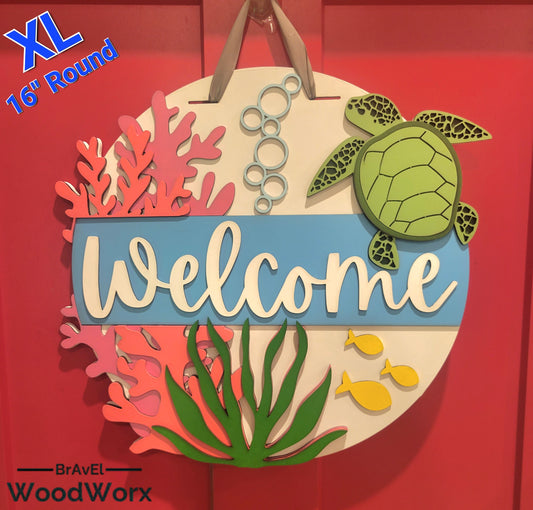 Welcome Sea Turtle Sign: A beautifully crafted wooden sign featuring a laser-engraved sea turtle design with the word 'Welcome' elegantly displayed. The sign has a coastal theme with soothing colors, perfect for beach houses, marine enthusiasts, or as a welcoming decorative piece for any space. XL