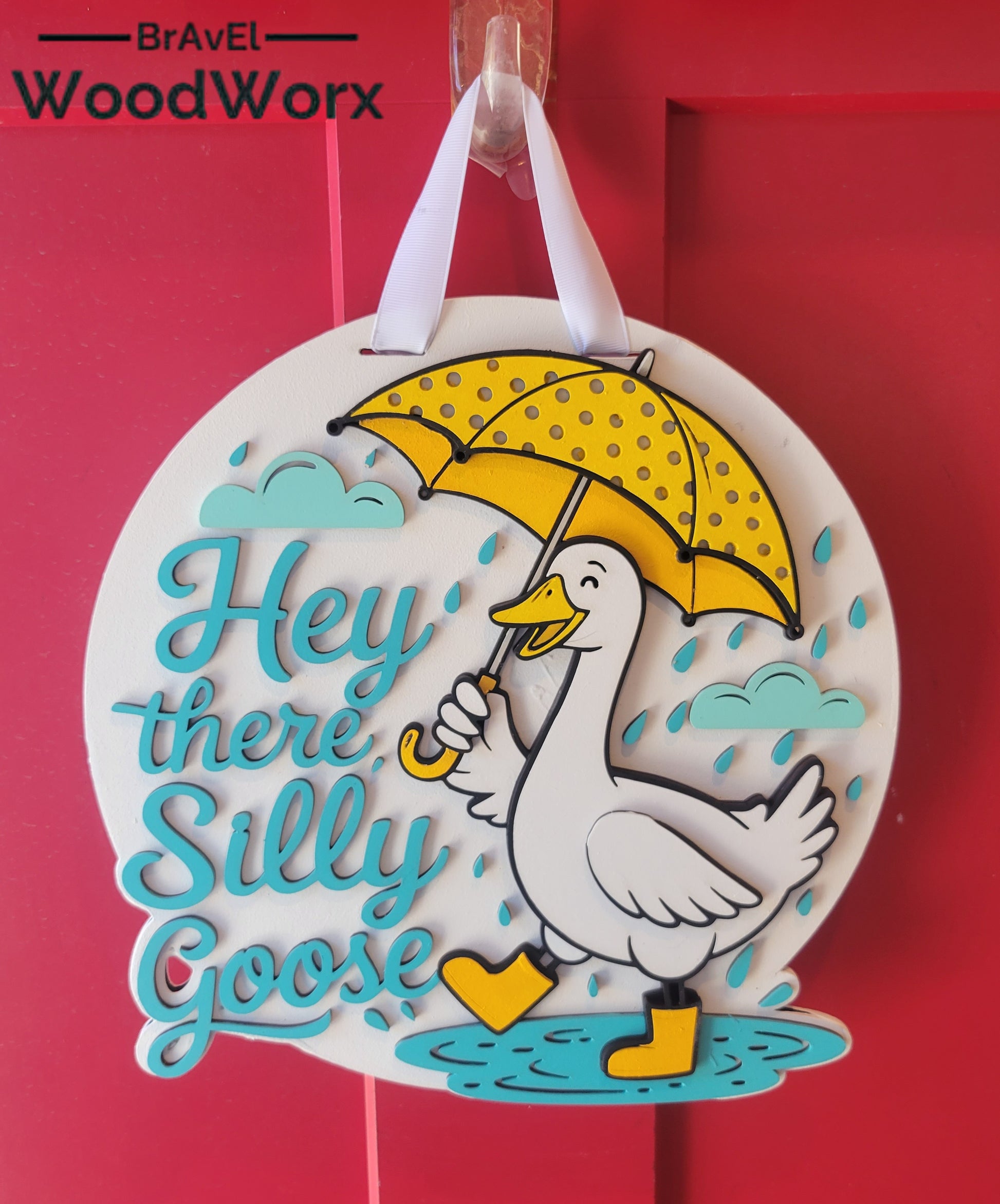 Whimsical door hanger displaying Hey There Silly Goose message for front door decor