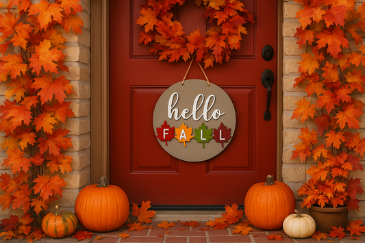 A front door decorated with fall foliage featuring the Hello Fall wooden welcome sign