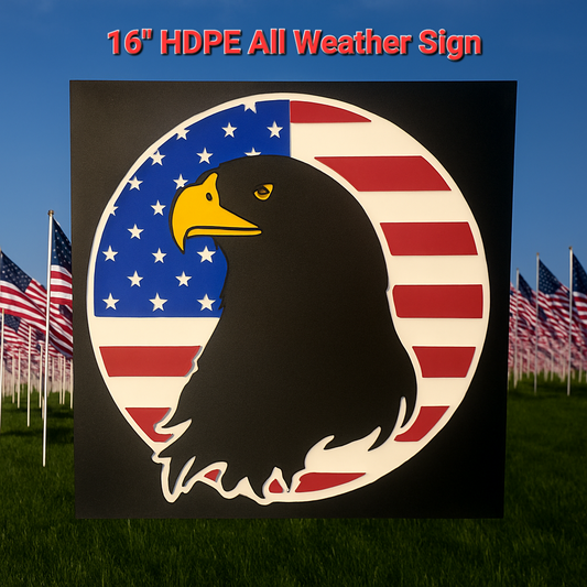 CNC-cut patriotic bald eagle sign with American flag background, made from weather-resistant HDPE plastic