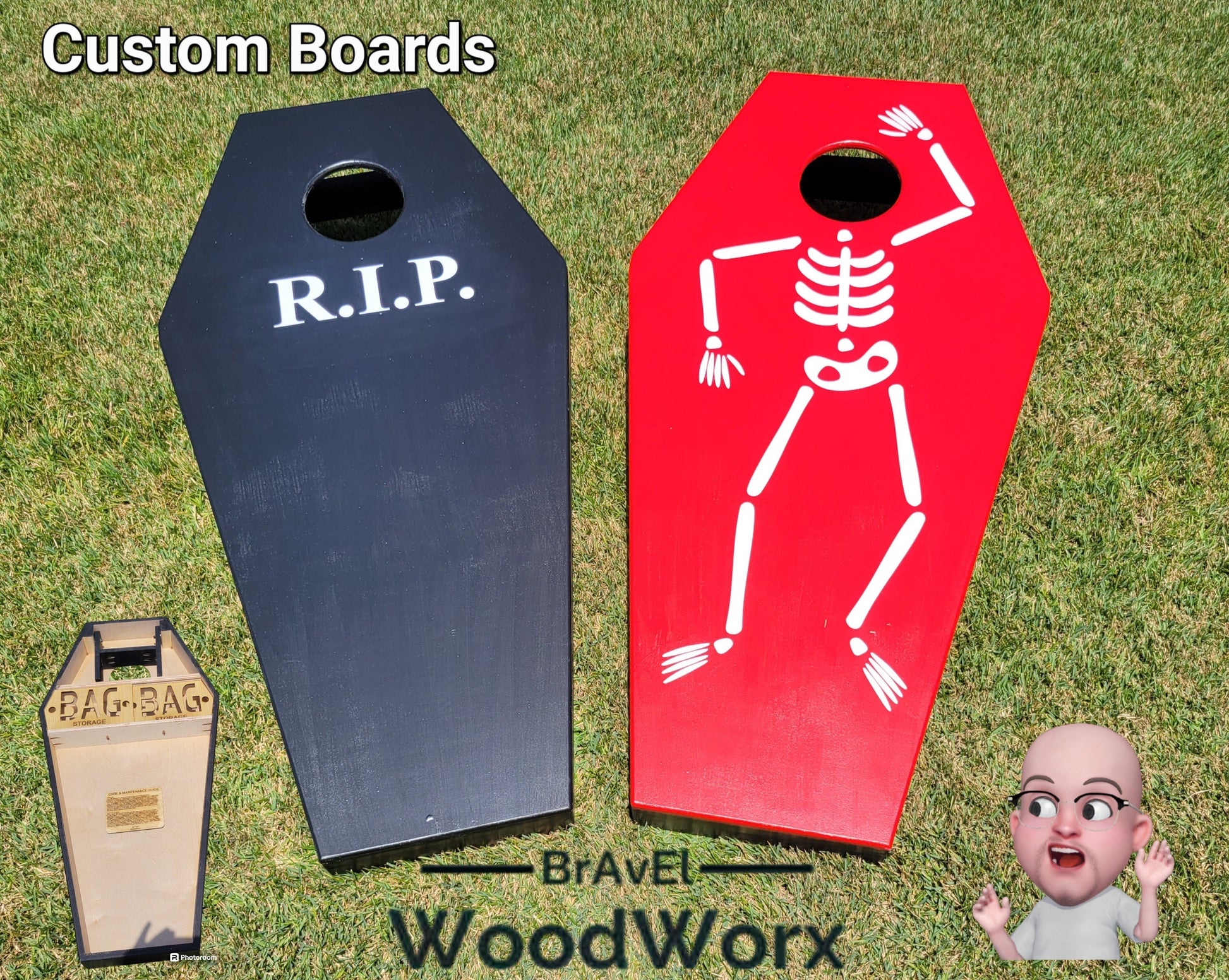 Custom coffin-shaped cornhole set with regulation size boards and bean bags for Halloween outdoor games