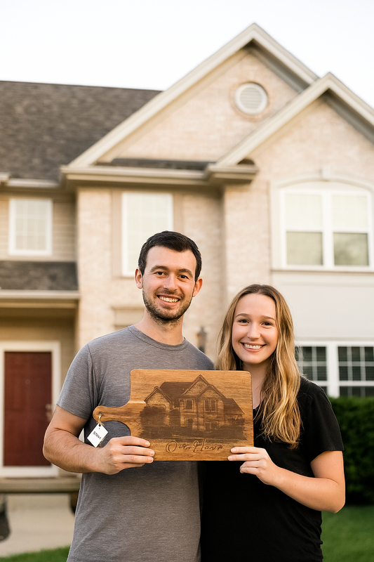 "Custom laser engraved wooden charcuterie board with 'Our Home' text and house image"