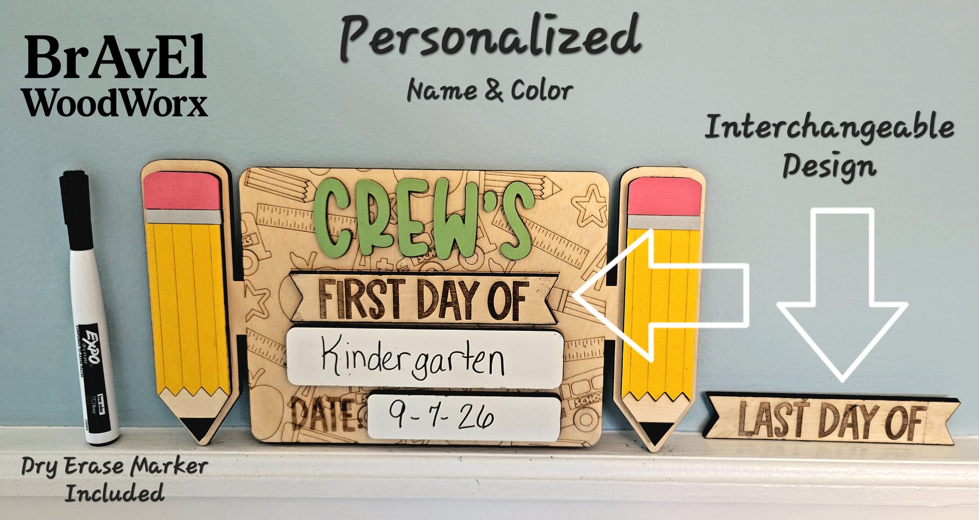 Personalized sign for school milestones with interchangeable design and dry erase marker included.
