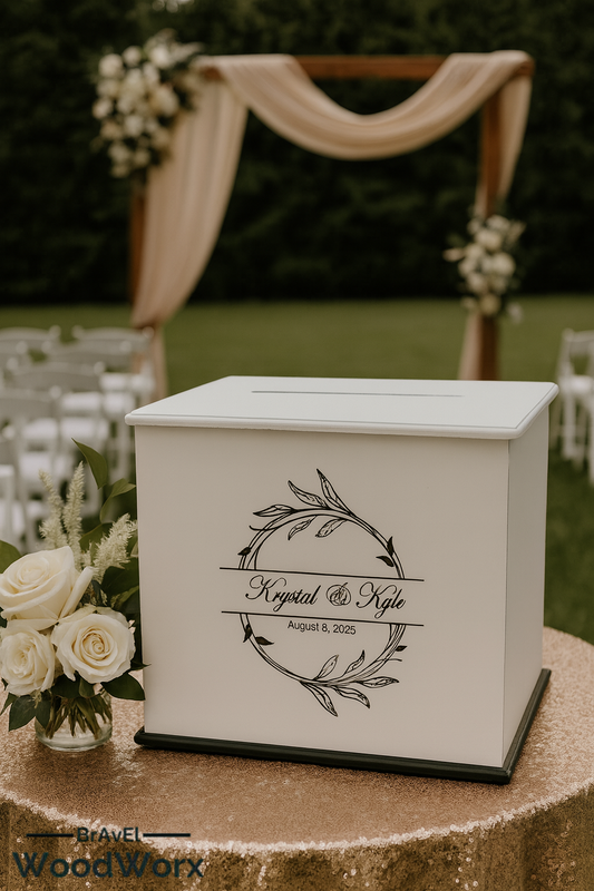 Custom-made wooden wedding card box with personalized laser engraving, handcrafted in New Jersey