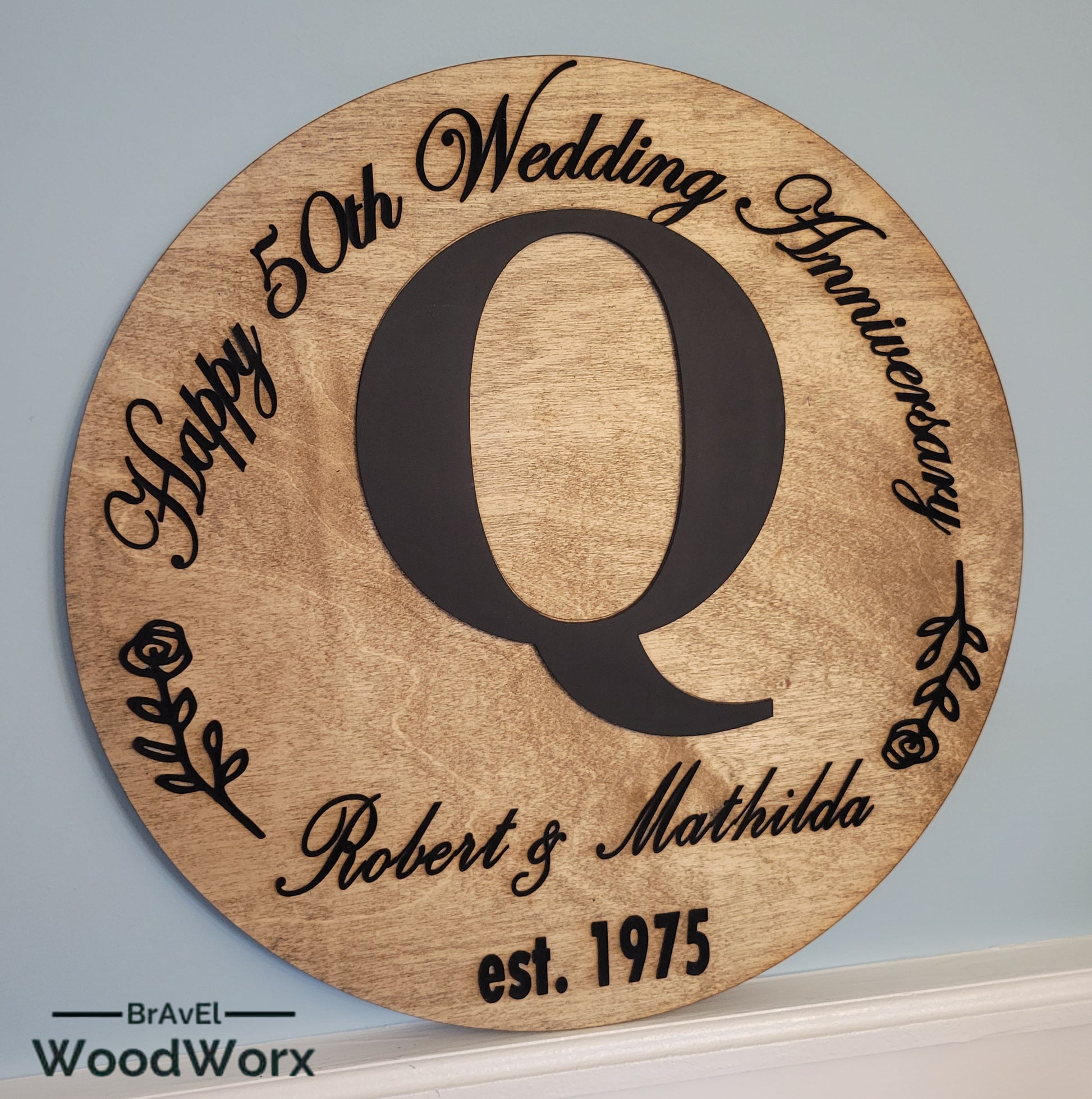 Elegant handmade personalized wood anniversary sign with custom engraving for weddings and special celebrations