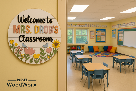 Elementary classroom with wooden welcome sign mounted on wall