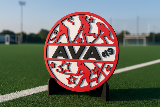 Personalized field hockey shelf sitter with custom player name and jersey number, perfect sports gift