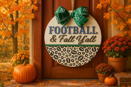 Football & Fall Y'all wooden door sign on a rustic door with fall autumn background