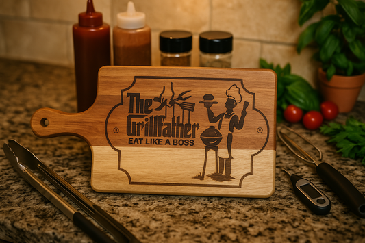 GrillFather charcuterie board on kitchen counter with grilling accessories