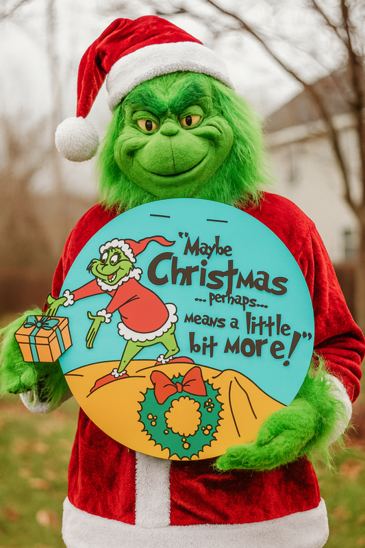 Green character in a Santa hat holding a sign with Christmas message
