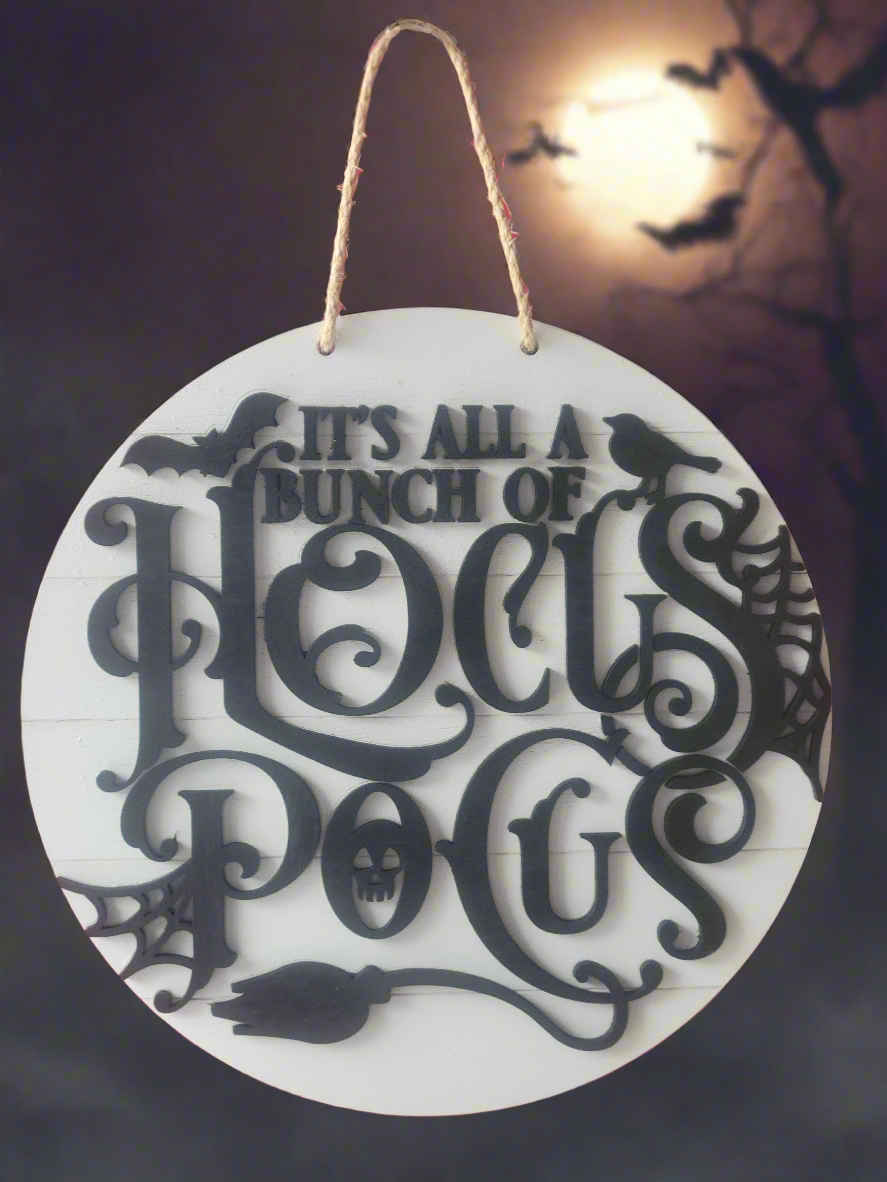 Handcrafted 15-inch round wooden Hocus-Pocus Halloween sign with vibrant hand-painted details and ribbon hanger
