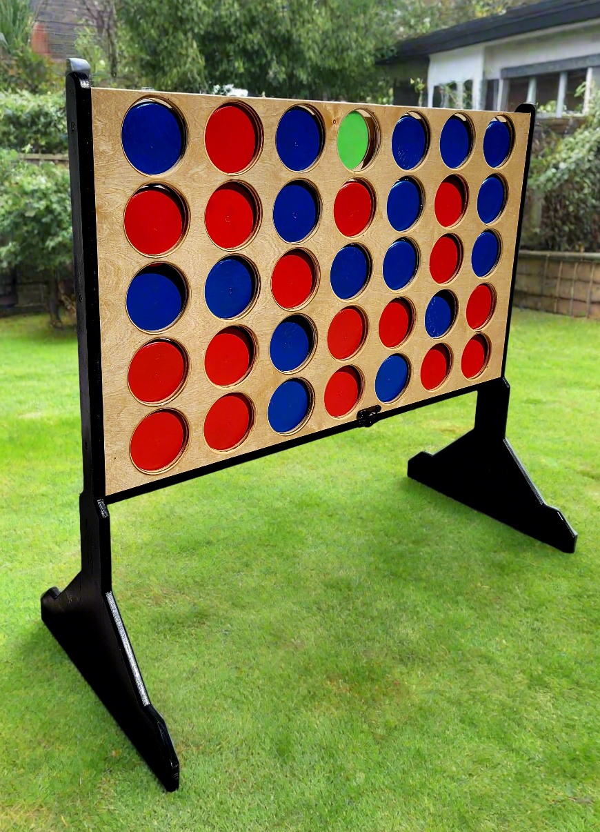 Large handcrafted 4-in-a-row game complete set with wooden frame and colorful discs for outdoor family entertainment