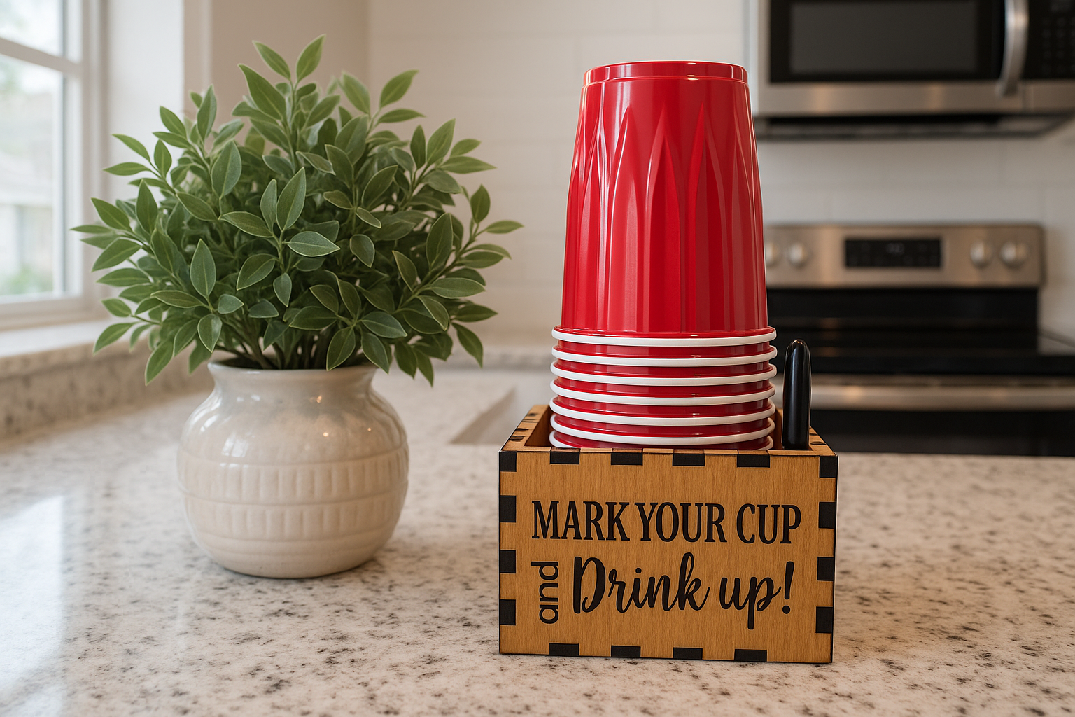 Laser engraved party cup holder on kitchen counter