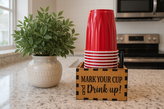 Laser engraved party cup holder on kitchen counter