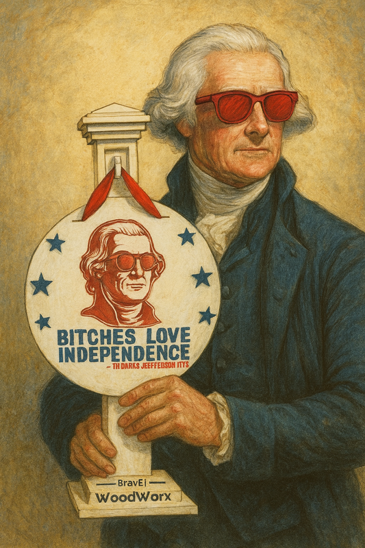 Man holding a sign with a portrait and text, set against a textured beige background.