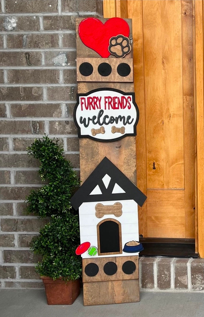 Welcome Furry Friends Dog Lover Interchangeable Porch Leaner – Custom Wooden Front Porch Sign with Swappable Holiday & Everyday Designs