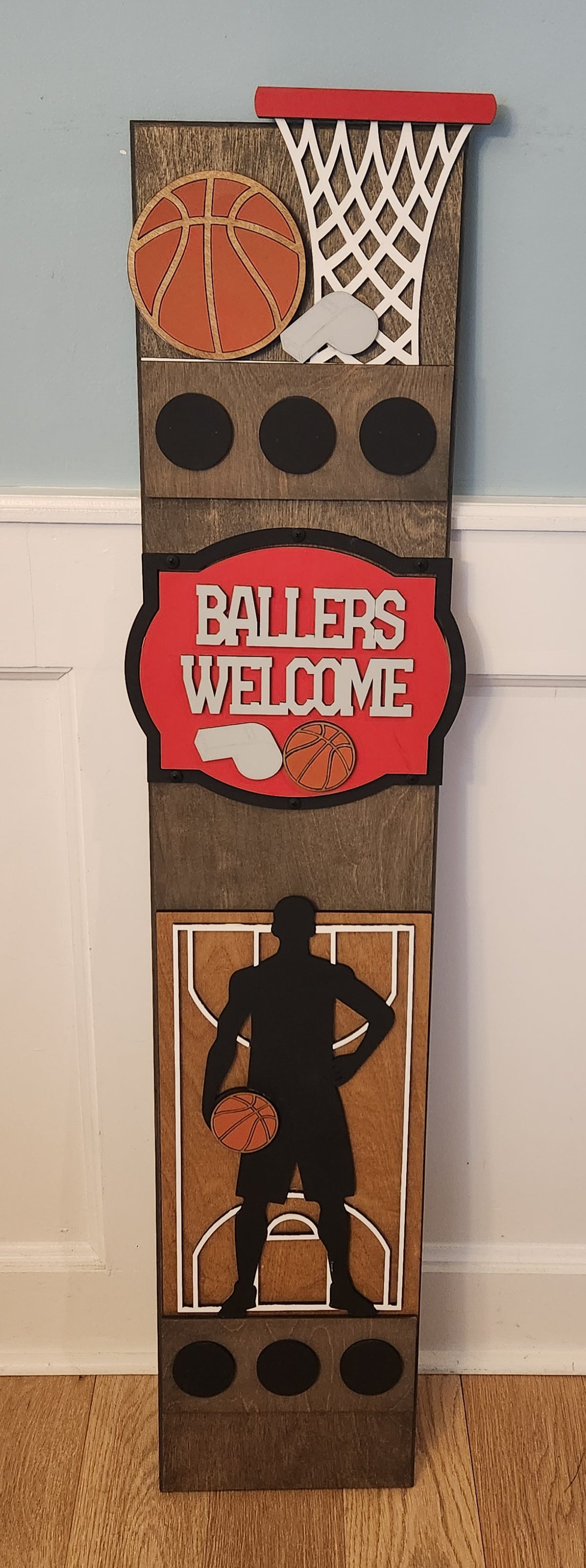 Personalized Basketball Interchangeable Porch Leaner – Custom Wooden Front Porch Sign with Swappable Holiday & Everyday Designs